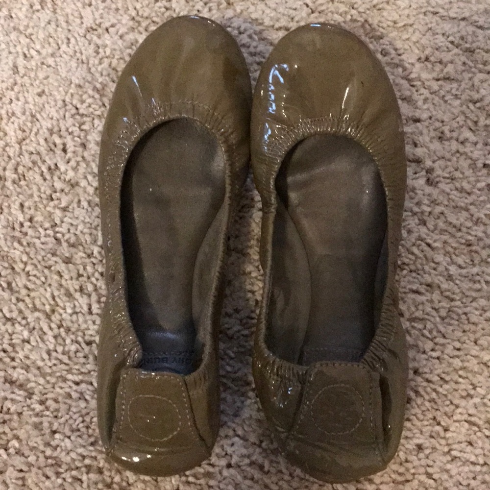 Tory Burch patent green slip on flats